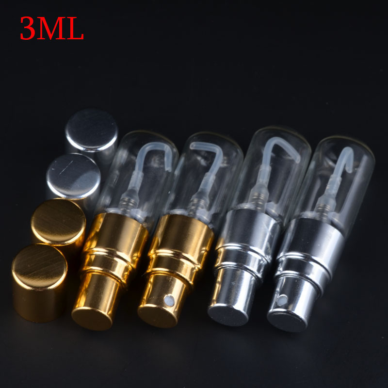 Mini 3ml glass tubular test spray vials empty refillable aluminum atomizer spray perfume bottles