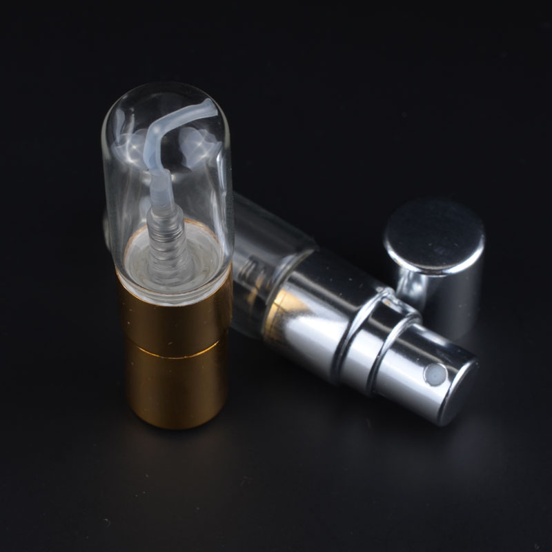 Mini 3ml glass tubular test spray vials empty refillable aluminum atomizer spray perfume bottles