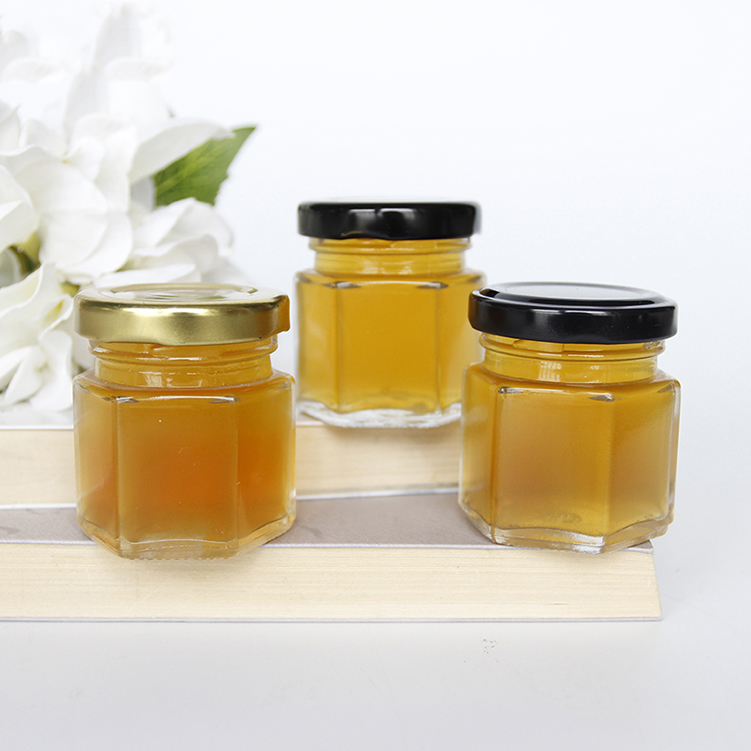 Mini 50ml wholesale wedding gift clear food storage empty container glass hexagon pudding jelly jam honey jar with lid