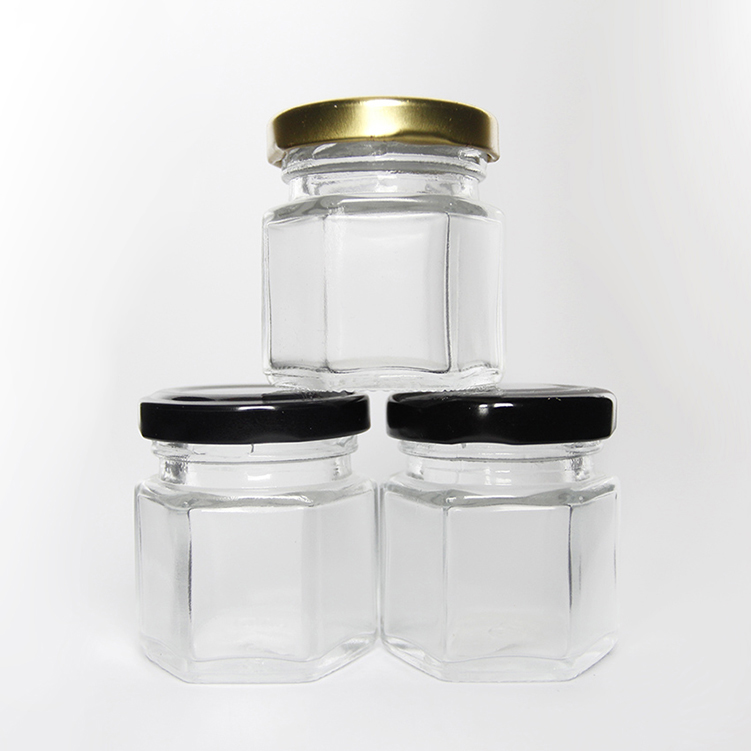 Mini 50ml wholesale wedding gift clear food storage empty container glass hexagon pudding jelly jam honey jar with lid