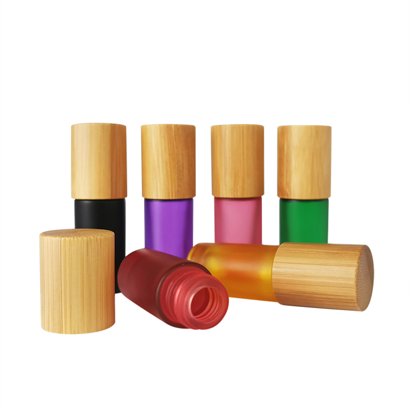 Mini 5ml 10ml roll on ball frosted colored glass Essential oil bottle Perfume bottles with bamboo lids