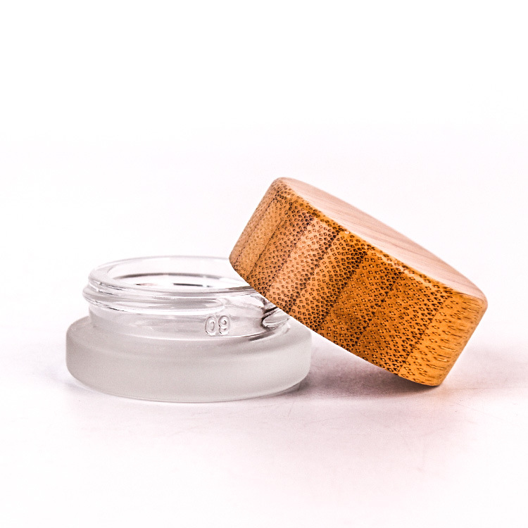 Mini 7ml Clear Frosted Glass Low-profile Cream Jar with Bamboo Lid