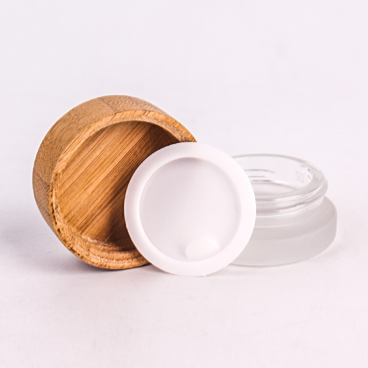 Mini 7ml Clear Frosted Glass Low-profile Cream Jar with Bamboo Lid