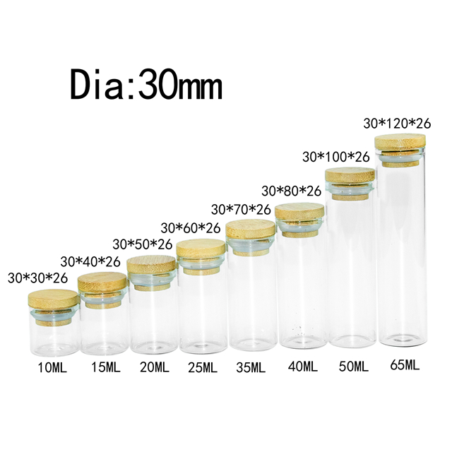 Mini Bottles with Bamboo Lid Clear Tiny Empty Glass 10ml 15ml 20ml 25ml 35ml 40ml 50ml 65m Jars Company Logo Printed Customized