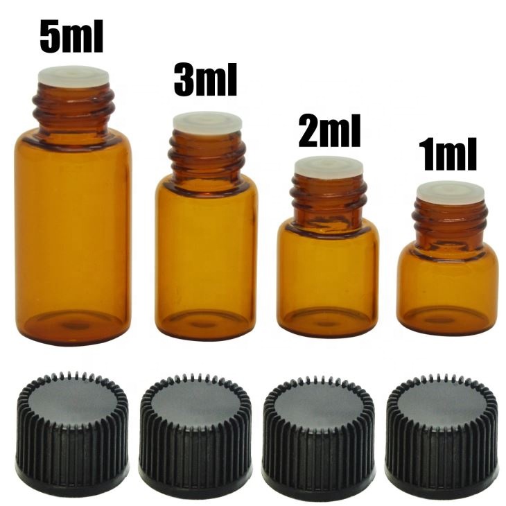 Mini Essential Oil Glass Bottles 1ml 2ml 3ml with Black Personal Care Screw Cap Covers and Tips
