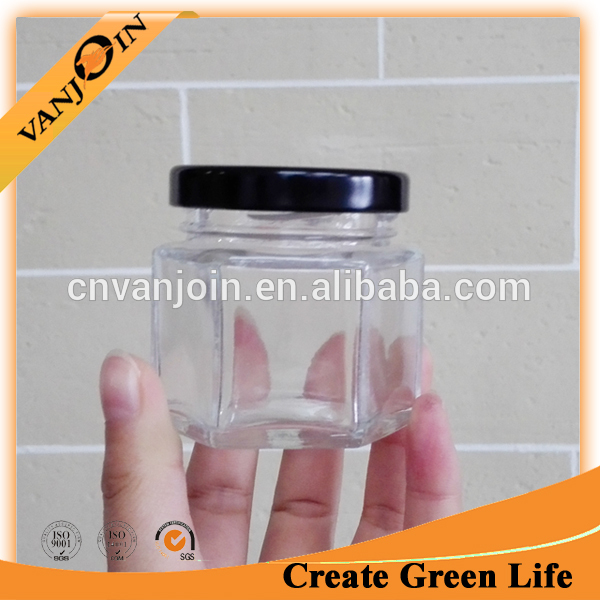 Mini Glass Jam Honey Canning Jar 2oz Hex Glass Jar With Black Lid