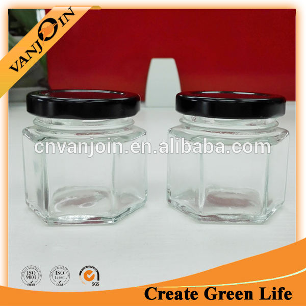Mini Glass Jam Honey Canning Jar 2oz Hex Glass Jar With Black Lid
