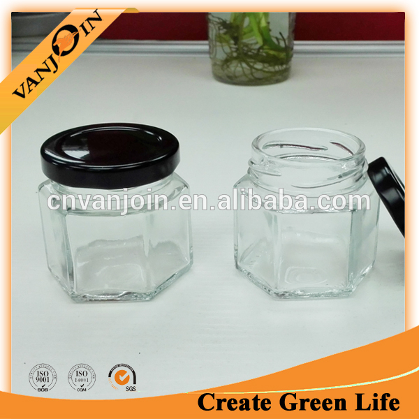 Mini Glass Jam Honey Canning Jar 2oz Hex Glass Jar With Black Lid