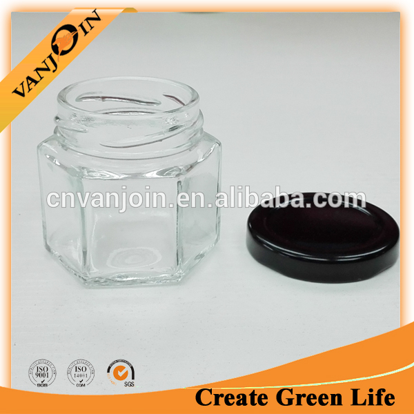 Mini Glass Jam Honey Canning Jar 2oz Hex Glass Jar With Black Lid