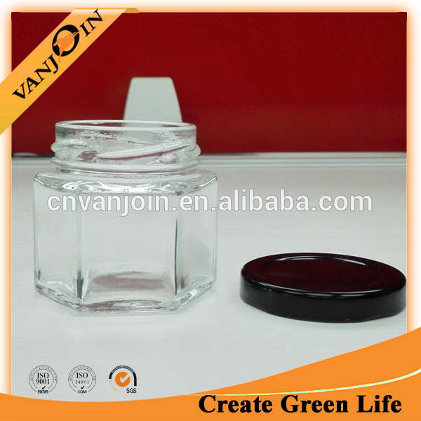 Mini Glass Jam Honey Canning Jar 2oz Hex Glass Jar With Black Lid