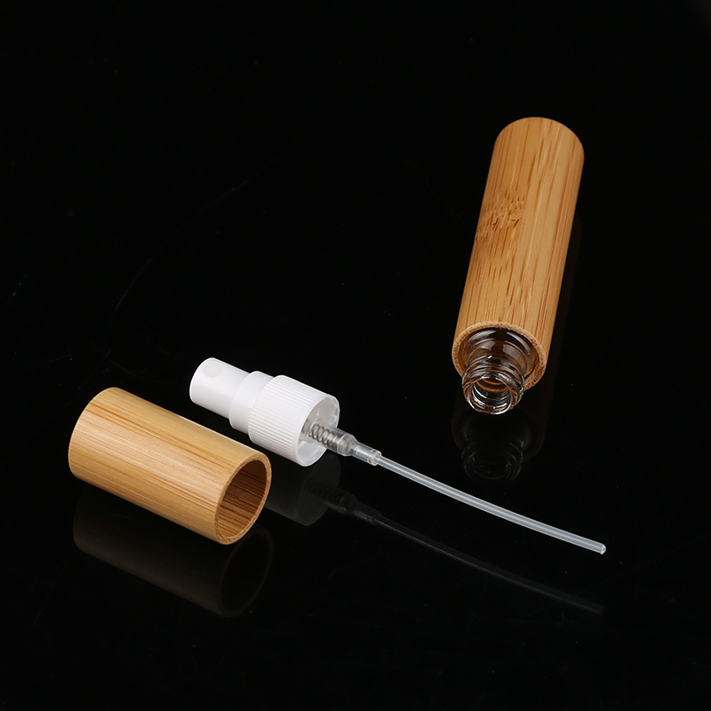 Mini Size 10ml Bamboo Cover Glass Tube Inner Perfume Bottle Cosmetic Packaging Spray Pump Bottle with Bamboo Cap