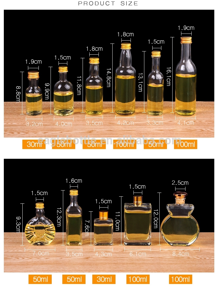 Mini Size 30ml 50ml 100ml round shape and square shape glass liquor Bottle in stock