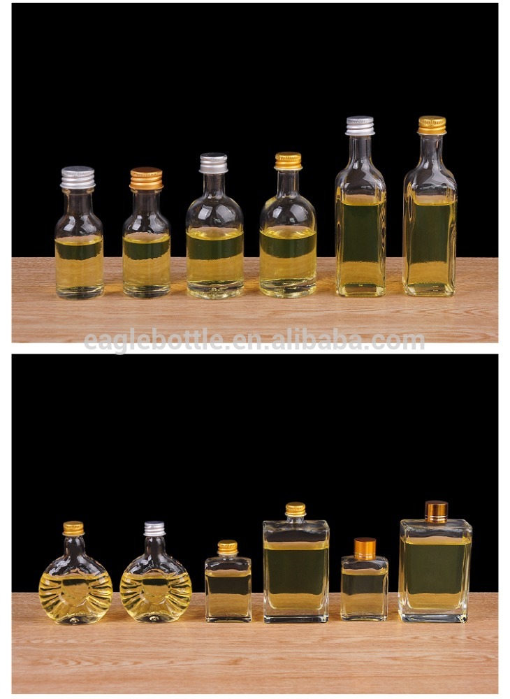 Mini Size 30ml 50ml 100ml round shape and square shape glass liquor Bottle in stock