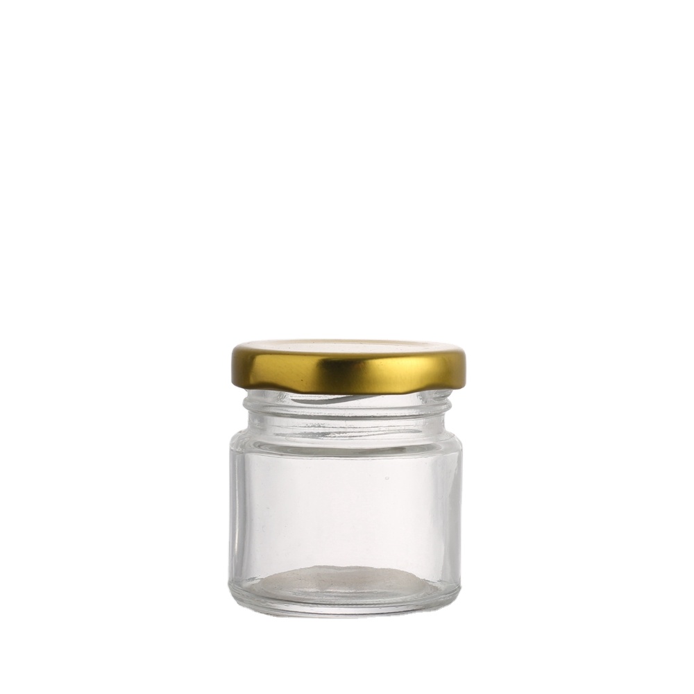 Mini honey jar 30ml glass bottle for honey with metal Lid clear glass jam jar