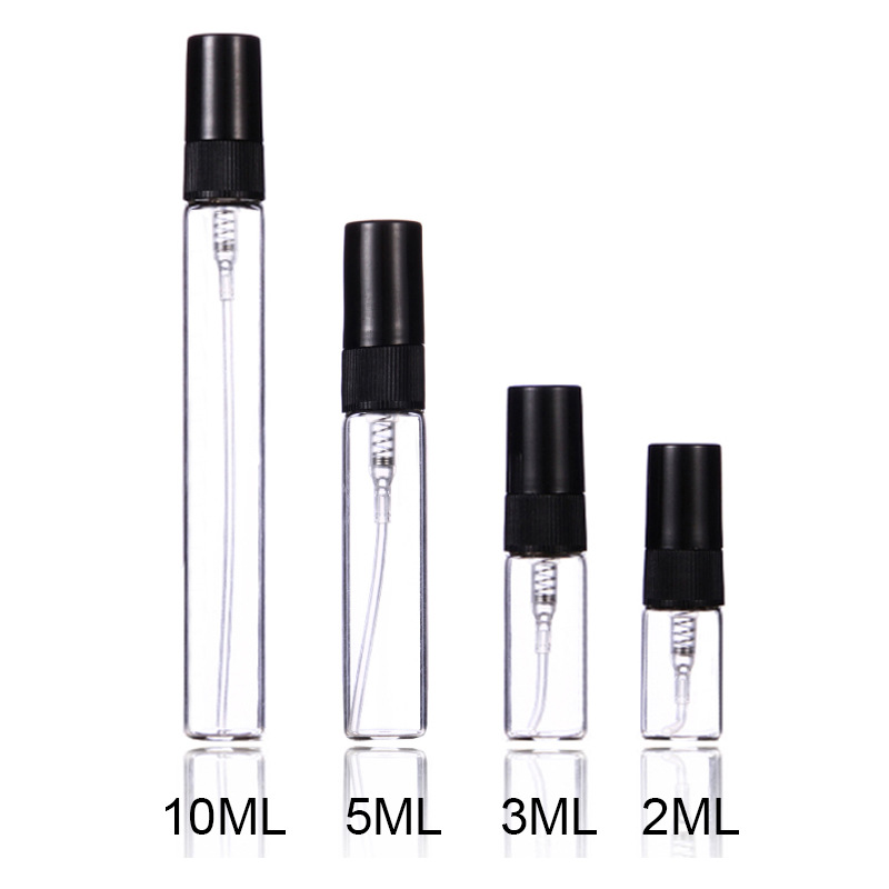 Mini pocket spray glass vial 2ml 3ml 5ml 10ml screw type clear tube with black sprayer caps