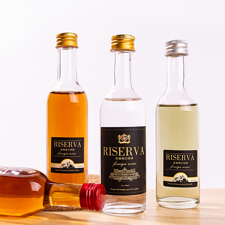 Miniature mini glass wine bottles round empty 100ml glass whisky, liquor alcohol spirits wine bottles with screw lid
