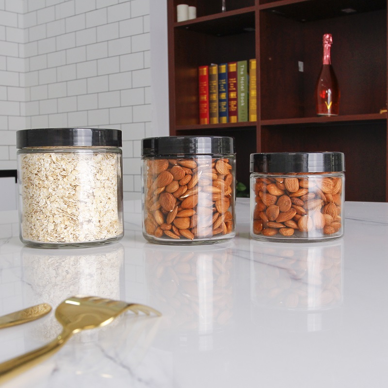Mocale 250 ml Cylinder Glass Jar with Black Screw Lid Hot Filling Glass Sauce Jar