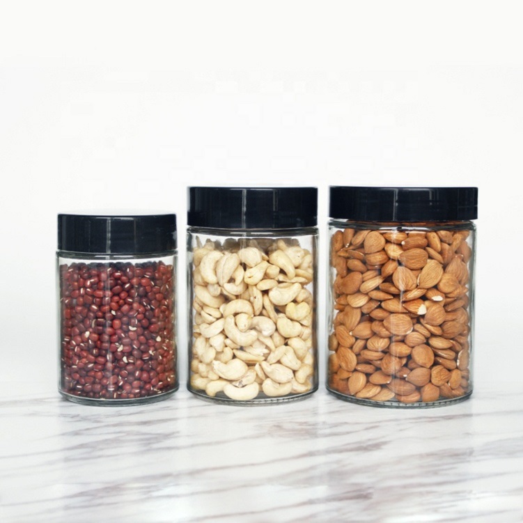 Mocale 250 ml Cylinder Glass Jar with Black Screw Lid Hot Filling Glass Sauce Jar
