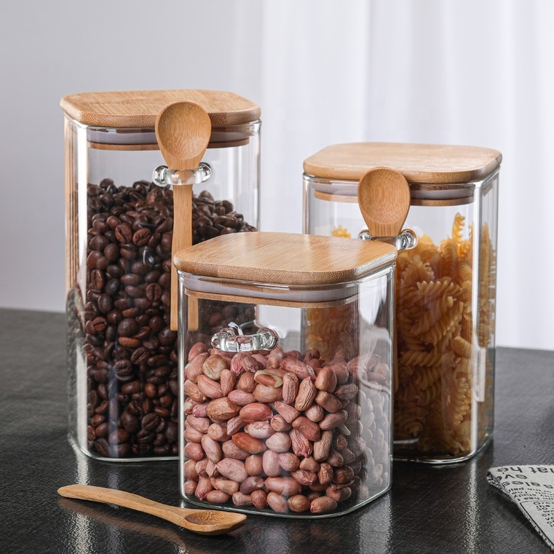 Modern Design Amazon Pyrex Cereal With Sealed Bamboo Lid Square Glass Jar Cookies Storage Container