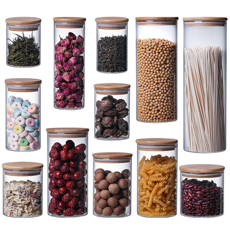 Modern design clear bamboo glass canister glass storage jar with bamboo lid