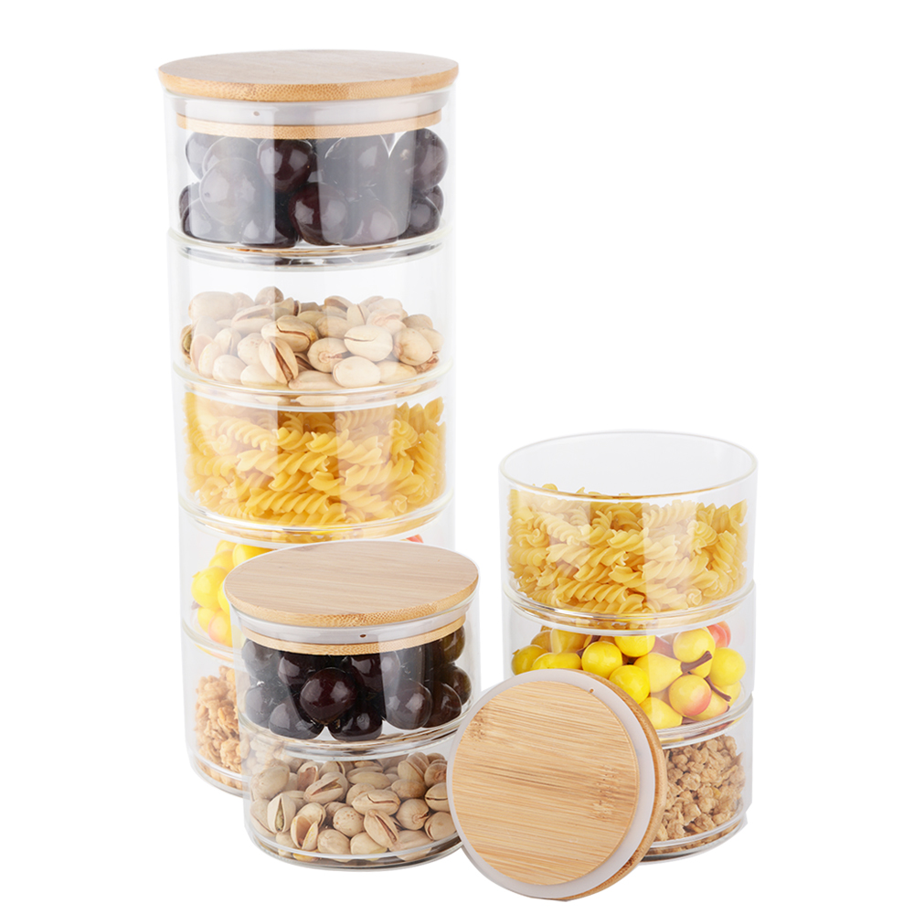 Modern design clear stackable glass jars with bamboo lid