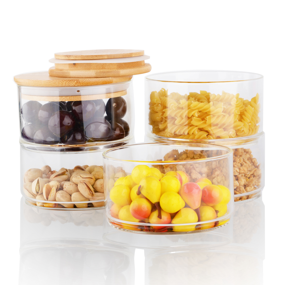 Modern design clear stackable glass jars with bamboo lid