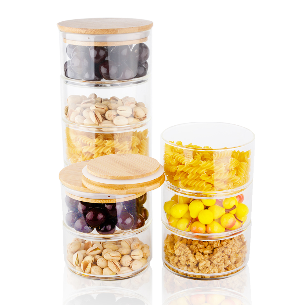 Modern design clear stackable glass jars with bamboo lid