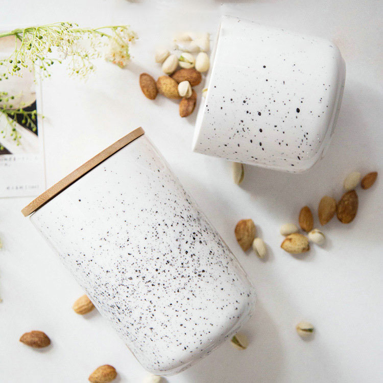 Modern speckled cylinder porcelain bamboo lid sealed storage jar cookie kitchen food storage jars