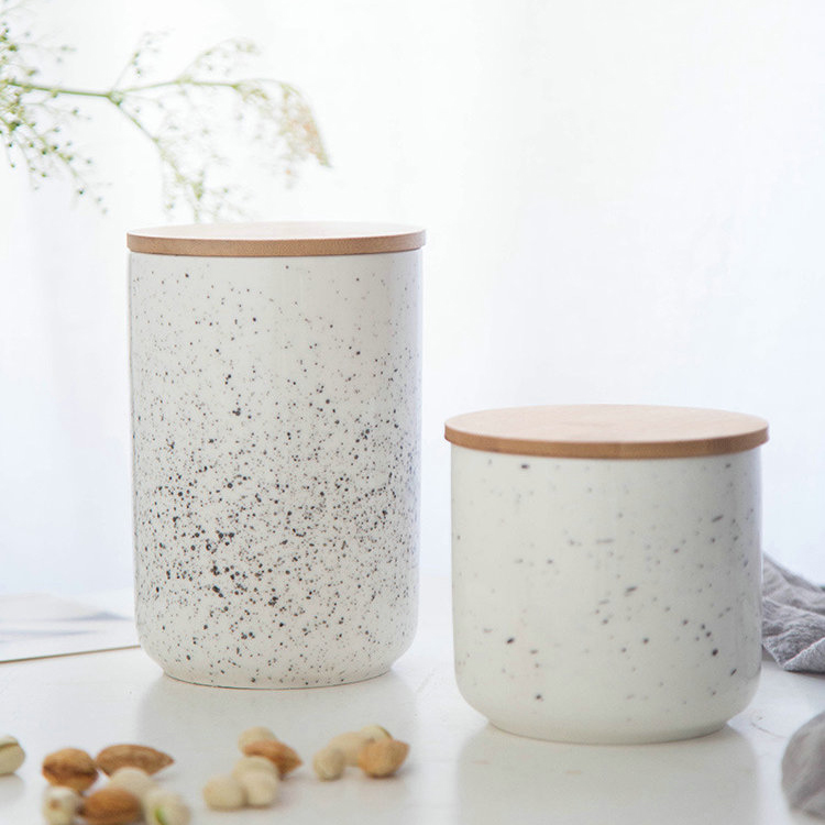 Modern speckled cylinder porcelain bamboo lid sealed storage jar cookie kitchen food storage jars