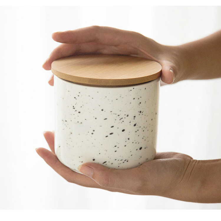 Modern speckled cylinder porcelain bamboo lid sealed storage jar cookie kitchen food storage jars