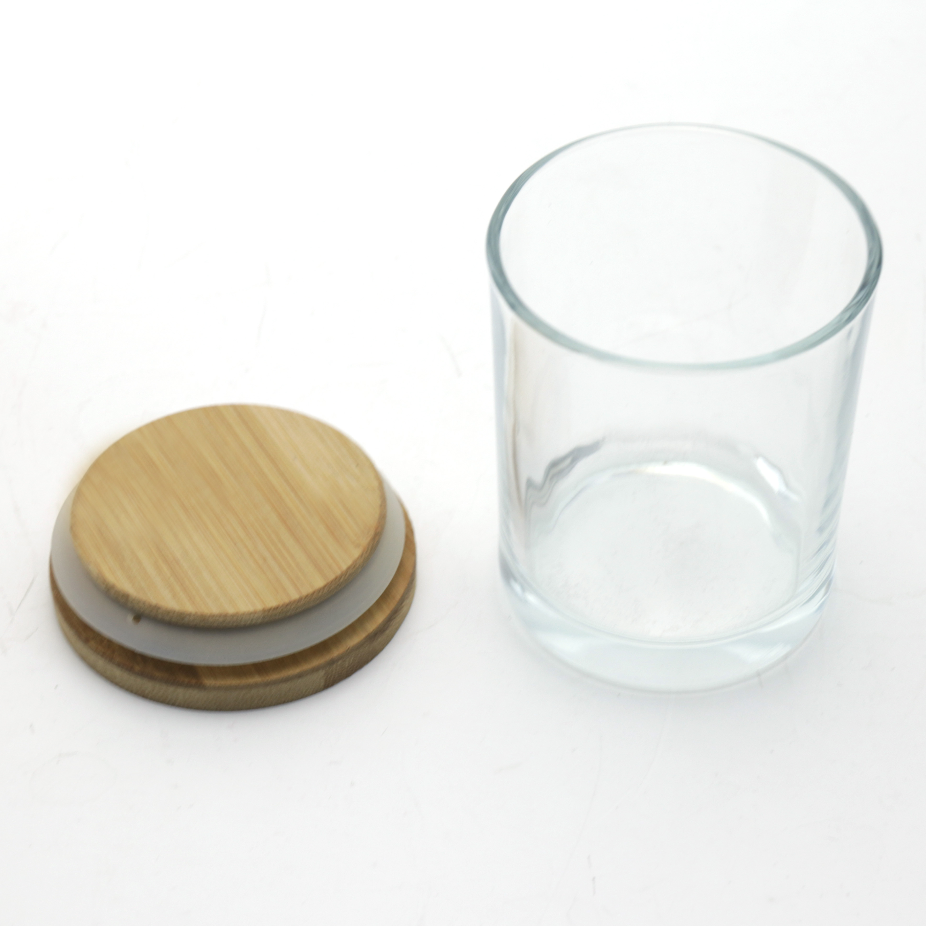 Modern unique clear empty round high quality glass candle jar with bamboo lid