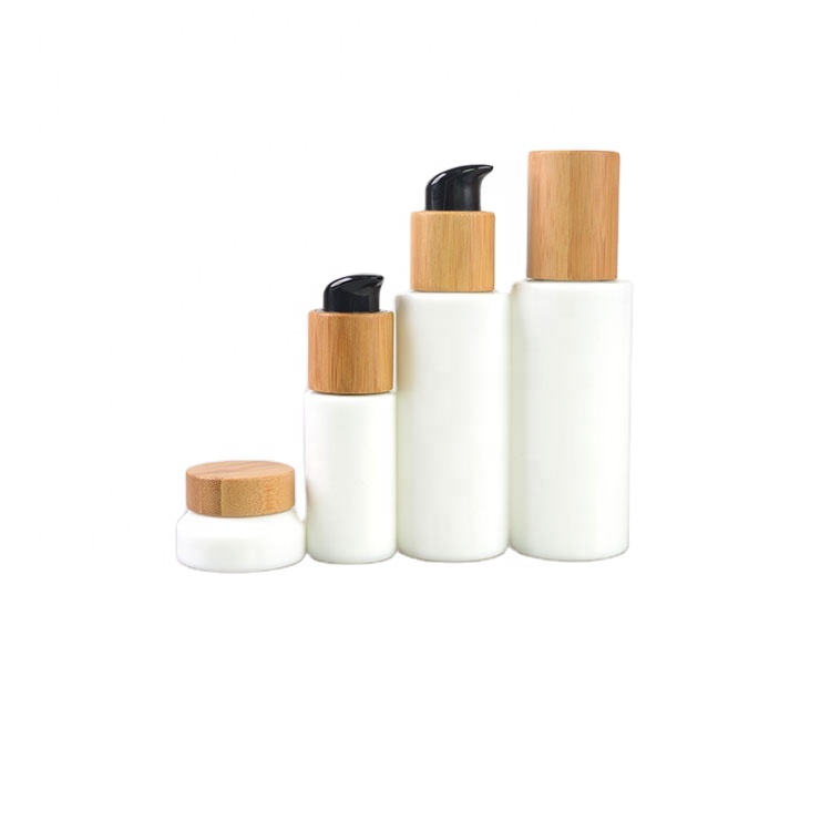 More Size  Custom Empty Opal White Cosmetic  Glass  Bottles With Wood Lid
