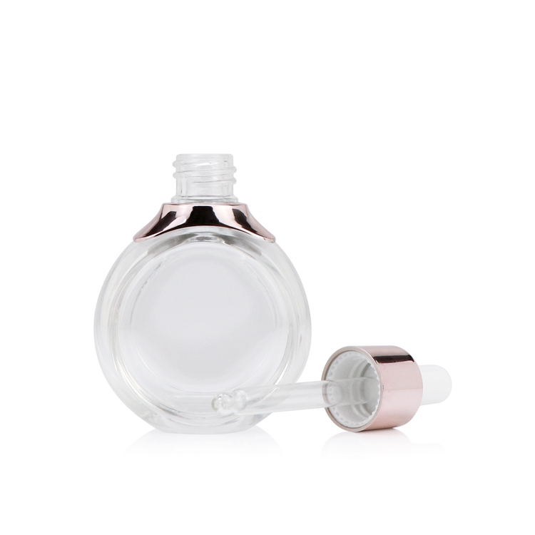 Most popular free sample 30ml 50ml 1oz white Multicolor unique flat round transparent dropper bottle cosmetic containers