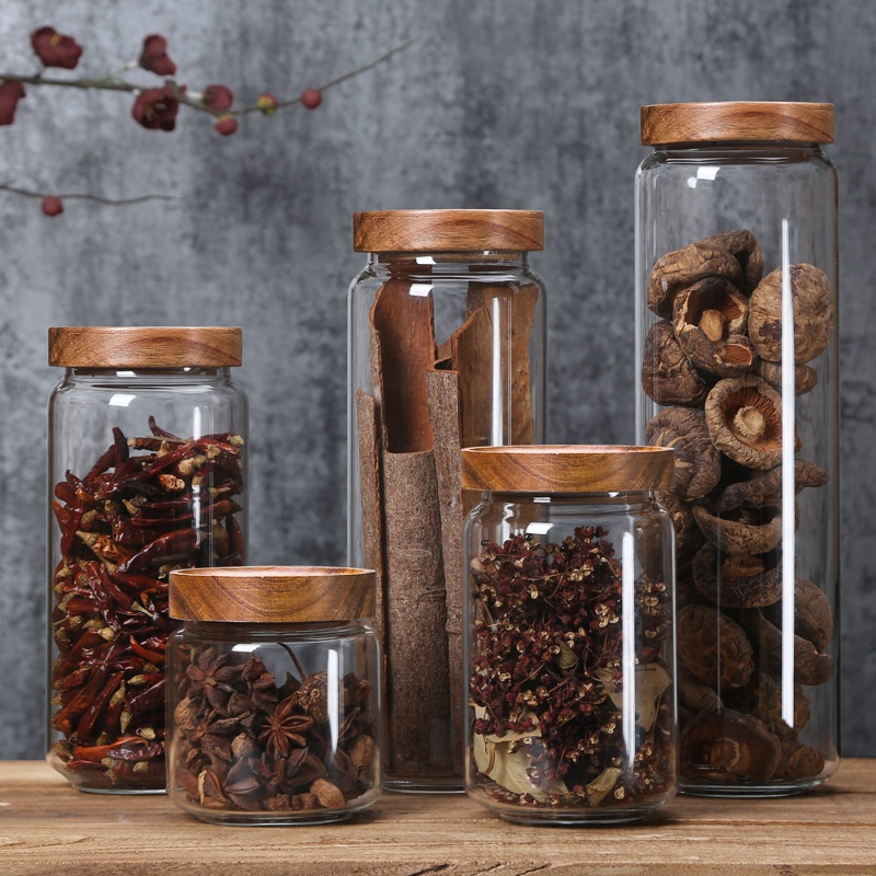 Mouth-blown High Quality Borosilicate Glass Storage Jar with Acacia Wooden Screw Lid