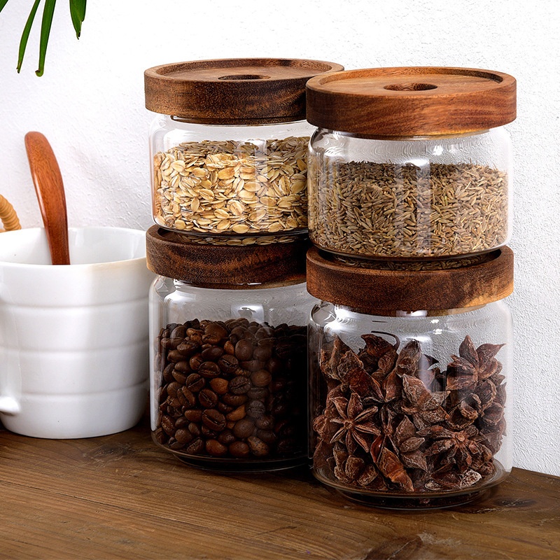 Mouth-blown High Quality Borosilicate Glass Storage Jar with Acacia Wooden Screw Lid
