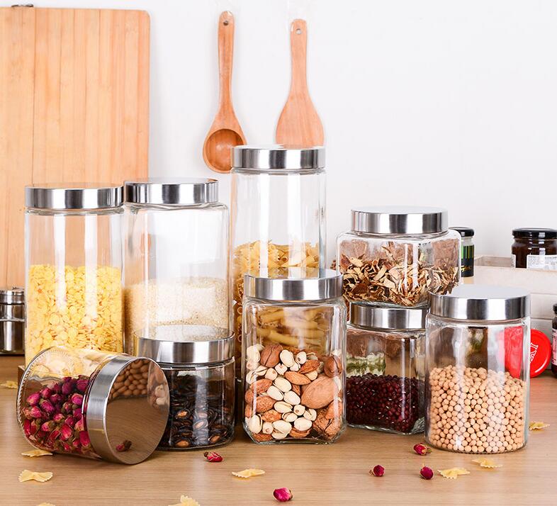 Multi Kinds Sealed Clear Glass Jars With Stainless Steel lids Large Food Storage Canisters Kitchen Spice Grains Milk Powder