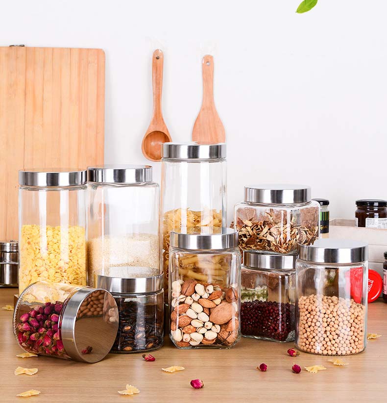 Multi Pieces Air Tight Clear Glass Jars And Containers With Stainless Steel Lids Kitchen Spice Food Storage Canister