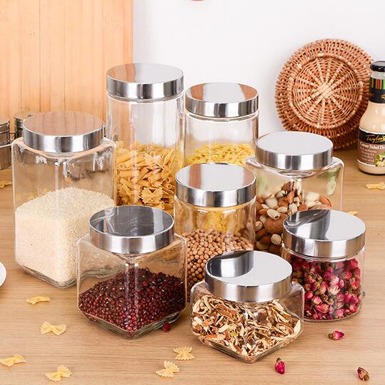 Multi Pieces Air Tight Clear Glass Jars And Containers With Stainless Steel Lids Kitchen Spice Food Storage Canister