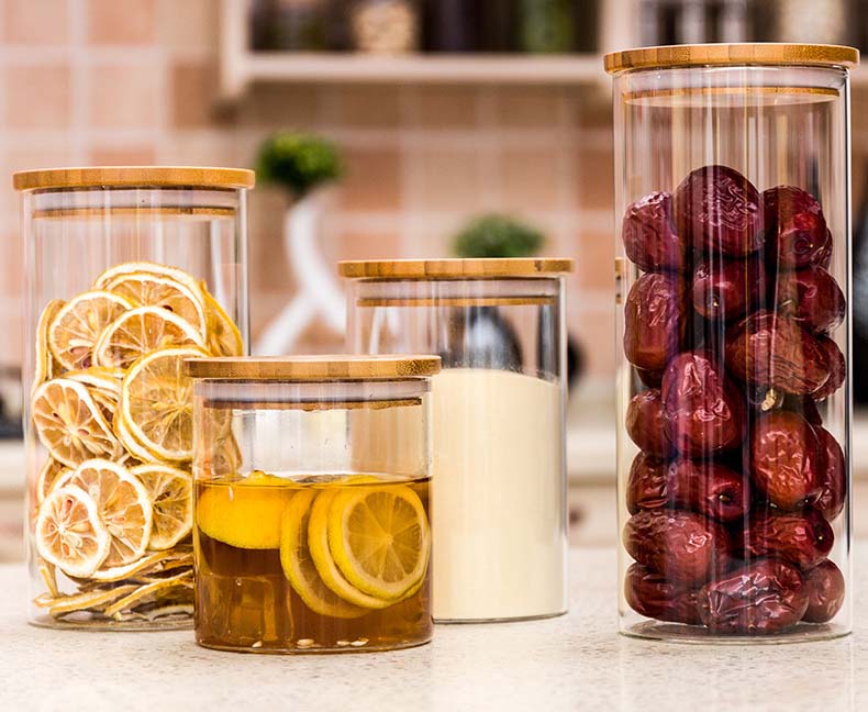 Multi Sizes Glass Jars With Airtight Lids Bamboo Cover For Kitchen Spice Noodles Grains Nuts Food Containers