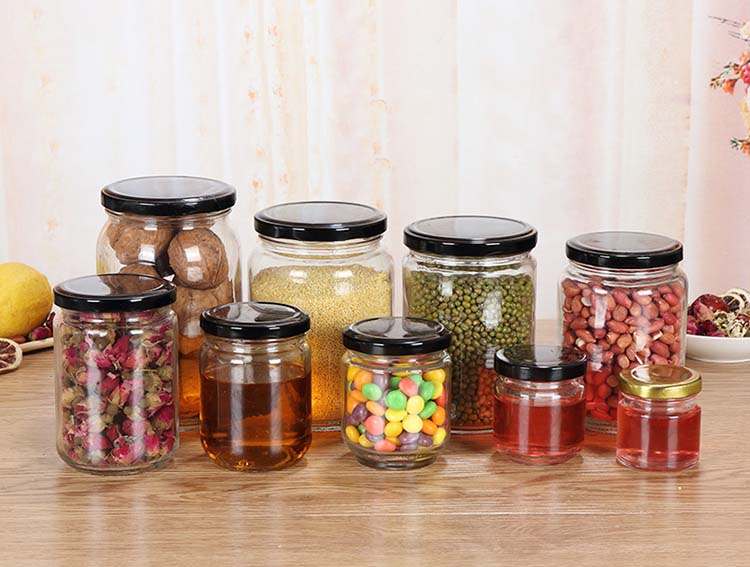 Multi Sizes Glass Jars With Metal Airtight Lids Custom Food Bottle Container Clear Glass For Honey Herbs Candy Grains