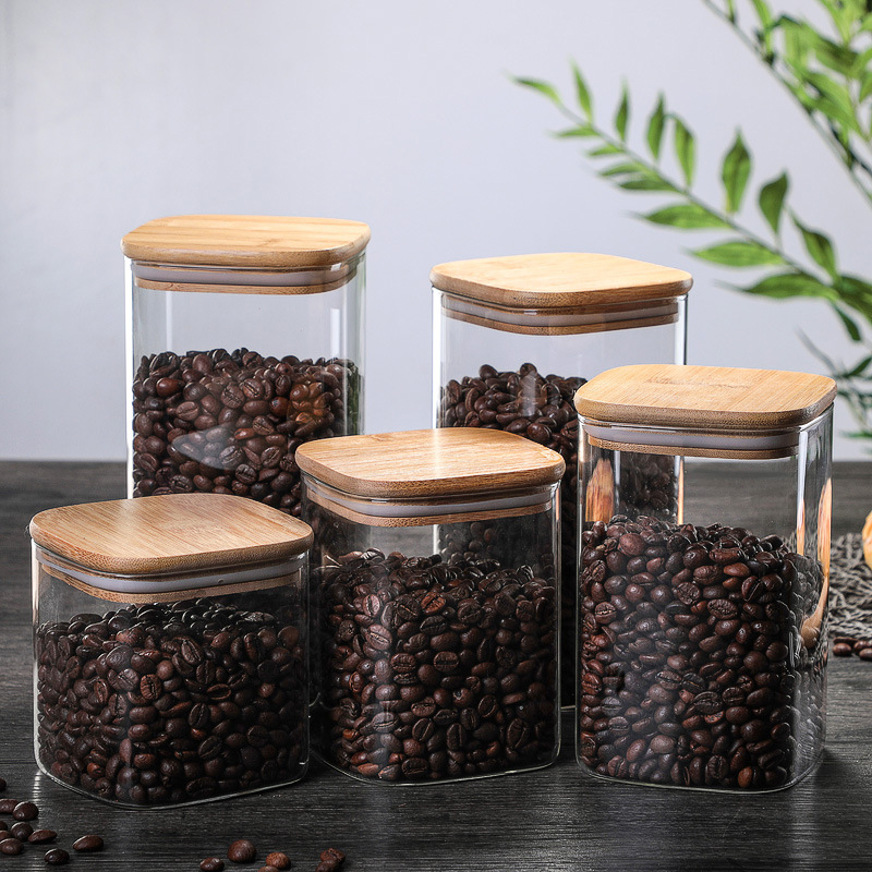 Multi size 600ml 1000ml 1200ml square airtight spice jar wooden lid airtight coffee bean storage spice box jar