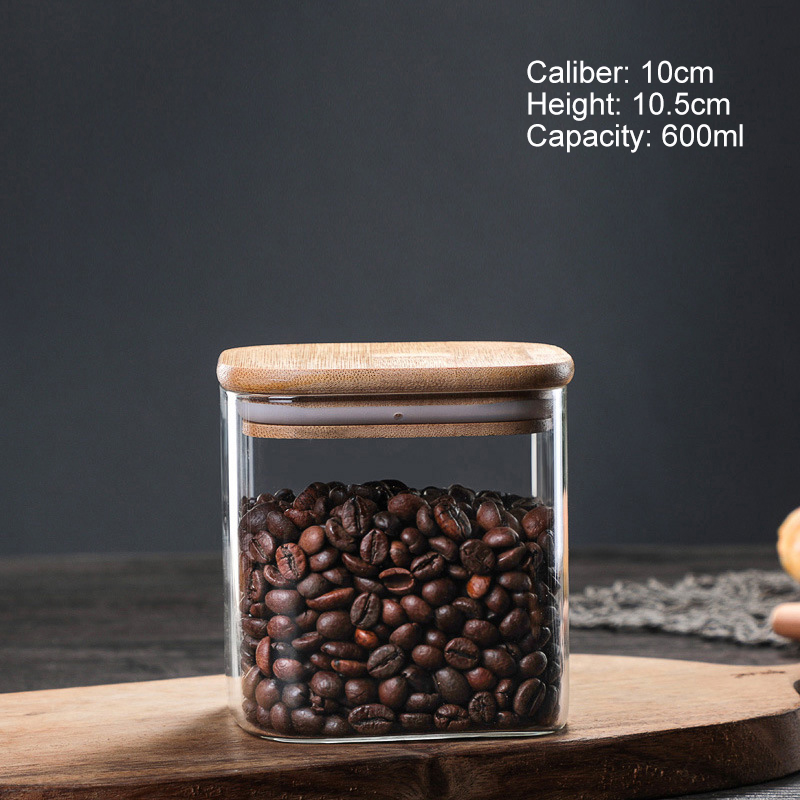 Multi size 600ml 1000ml 1200ml square airtight spice jar wooden lid airtight coffee bean storage spice box jar