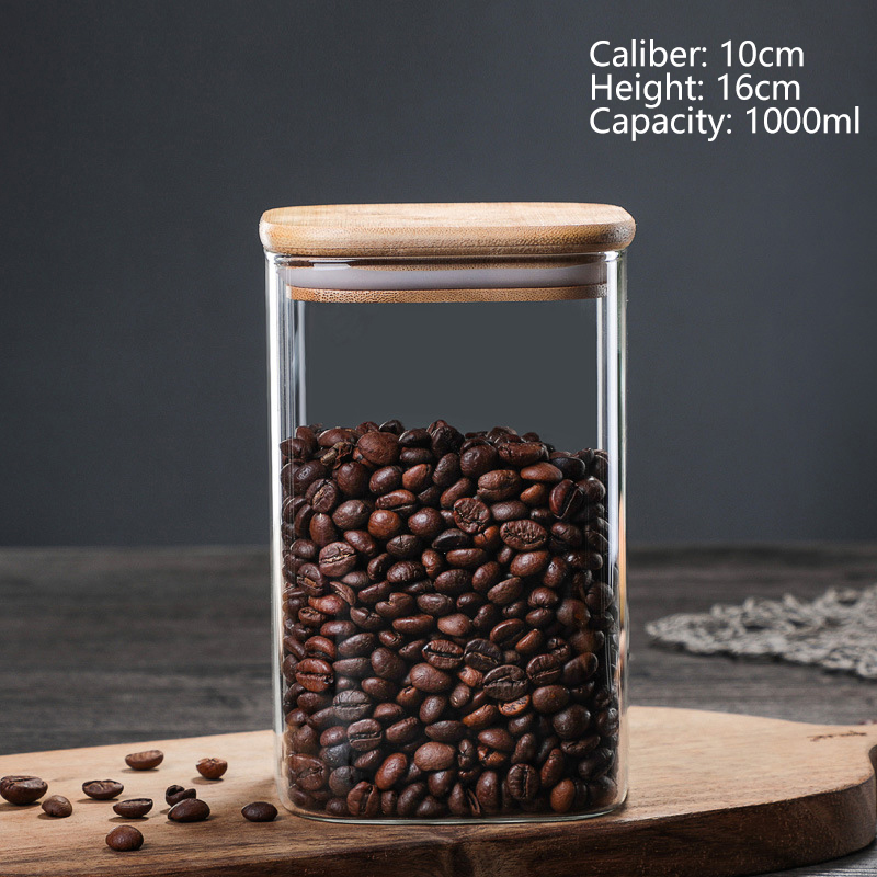 Multi size 600ml 1000ml 1200ml square airtight spice jar wooden lid airtight coffee bean storage spice box jar