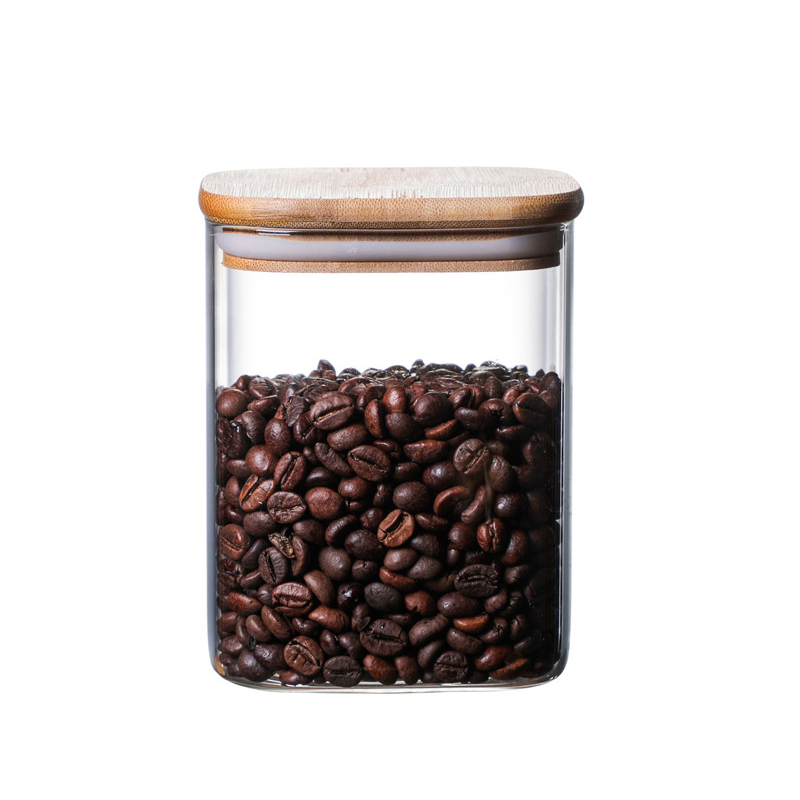 Multi size 600ml 1000ml 1200ml square airtight spice jar wooden lid airtight coffee bean storage spice box jar