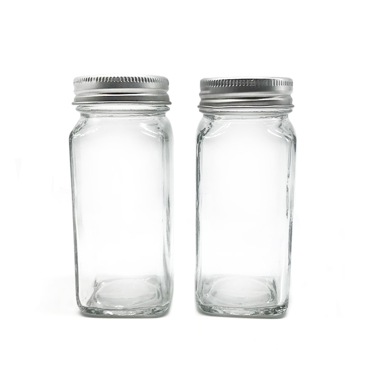 Multifunction 4oz 120ml Square Glass Spice Jar for Salt Chili Herbs with Aluminium Lid with Hole