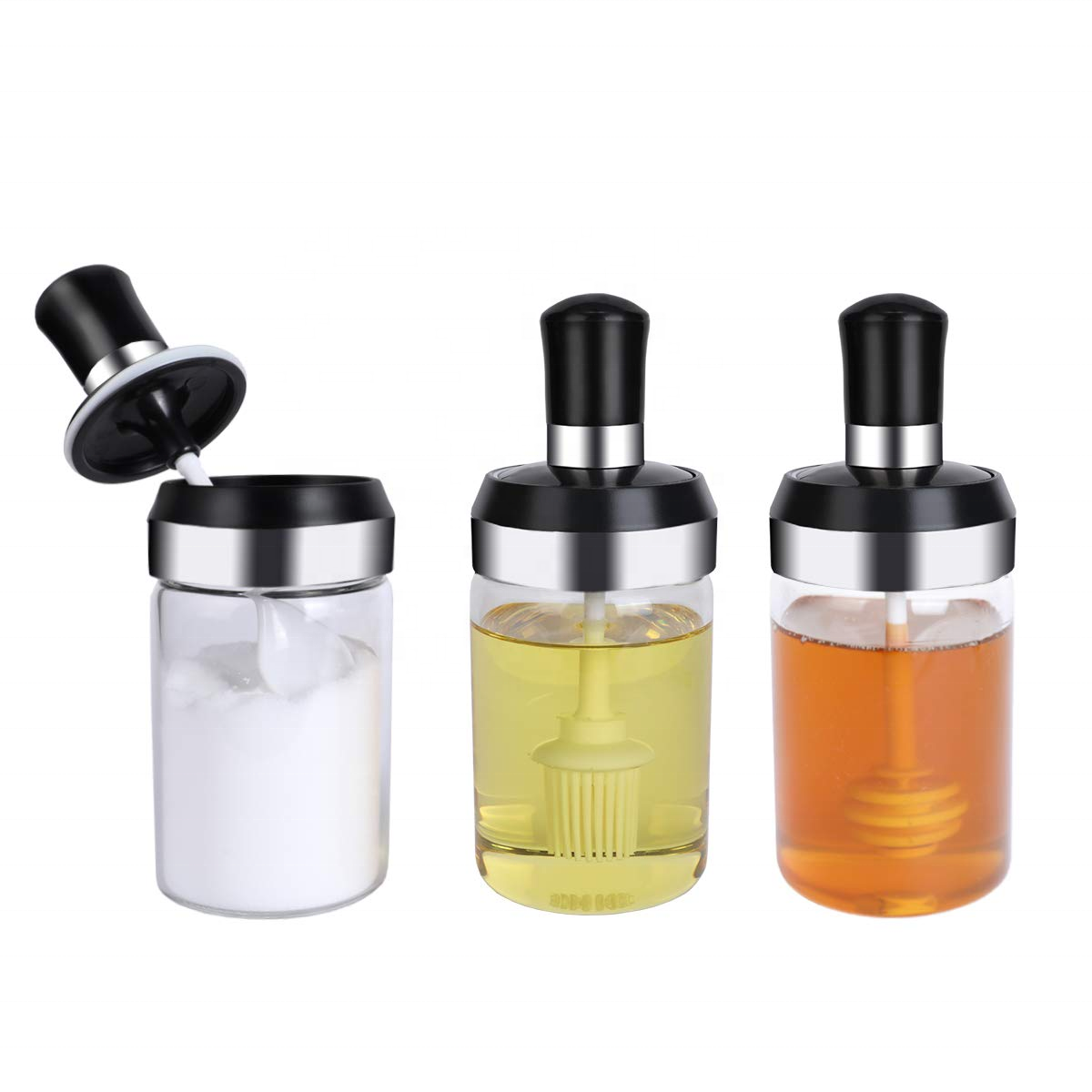 Multifunctional glass jar set salt jar with spoon/brush honey jar with dipper