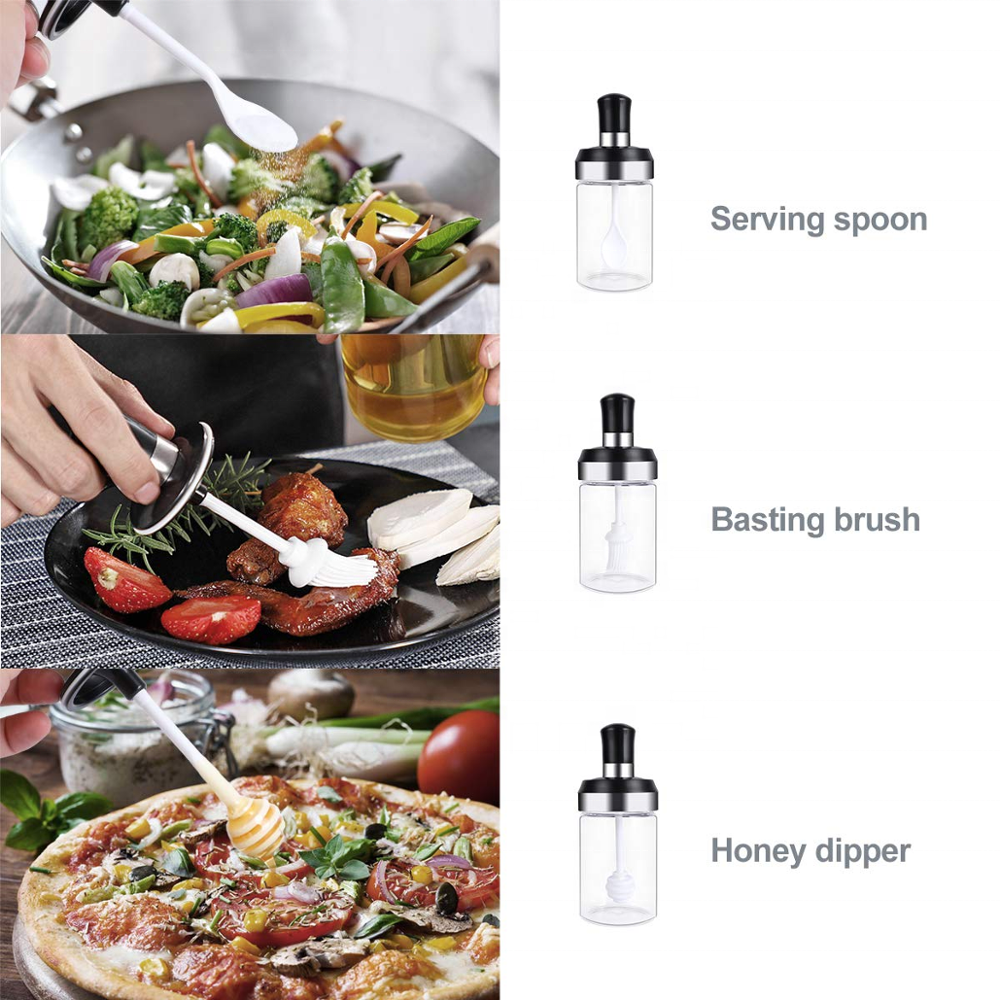 Multifunctional glass jar set salt jar with spoon/brush honey jar with dipper