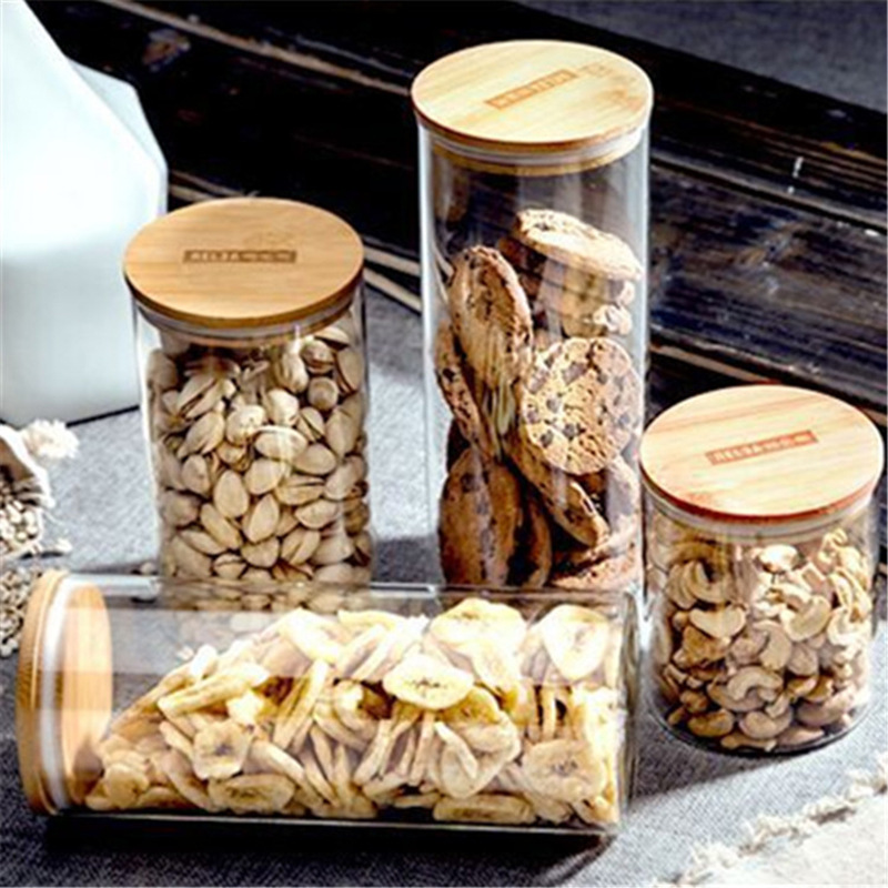 Multiple Size Kitchen Organizer Storage Jar, Custom Shape Square Round Glass Storage Jar with Bamboo Wood Lid
