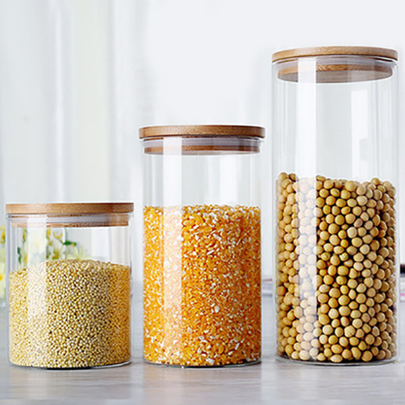 Multiple Size Kitchen Organizer Storage Jar, Custom Shape Square Round Glass Storage Jar with Bamboo Wood Lid