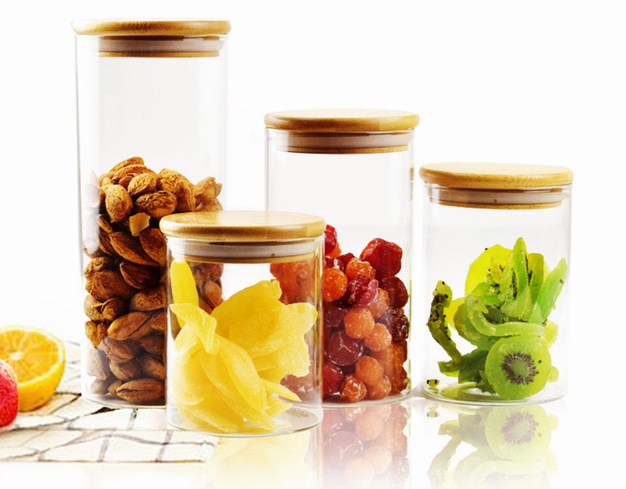 Multiple Size Kitchen Organizer Storage Jar, Custom Shape Square Round Glass Storage Jar with Bamboo Wood Lid